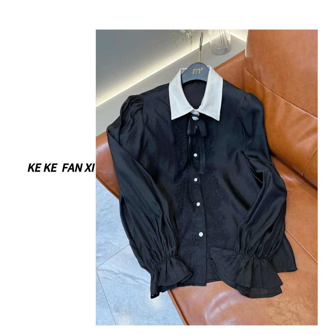 8379拼蕾丝衬衫春季新款百搭气质长袖时尚黑色拼接设计感