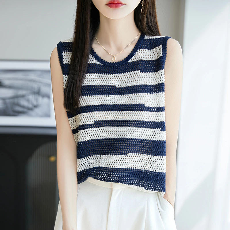 天丝亚麻条纹挑空圆领无袖