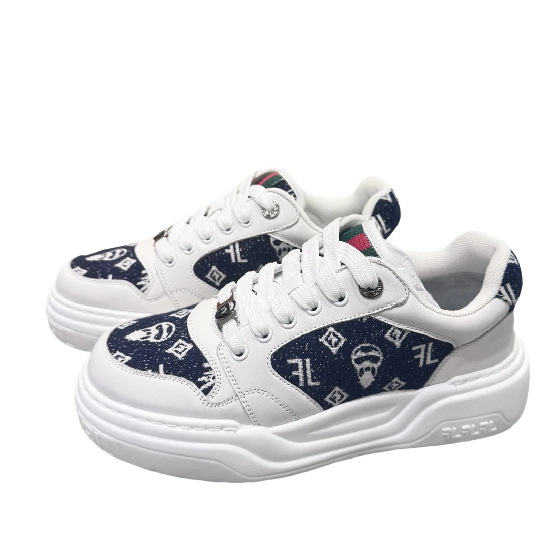 老佛爷正品高端欧货时尚休闲低帮板鞋全手工缝制男款白蓝色红织带