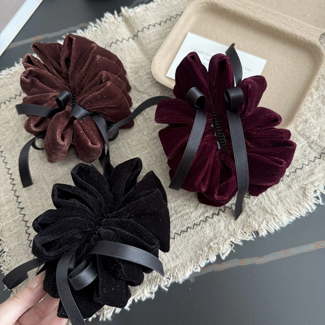 jioli/椒莉丝绒蝴蝶结高马尾发夹女后脑勺香蕉夹新款抓夹气质发饰