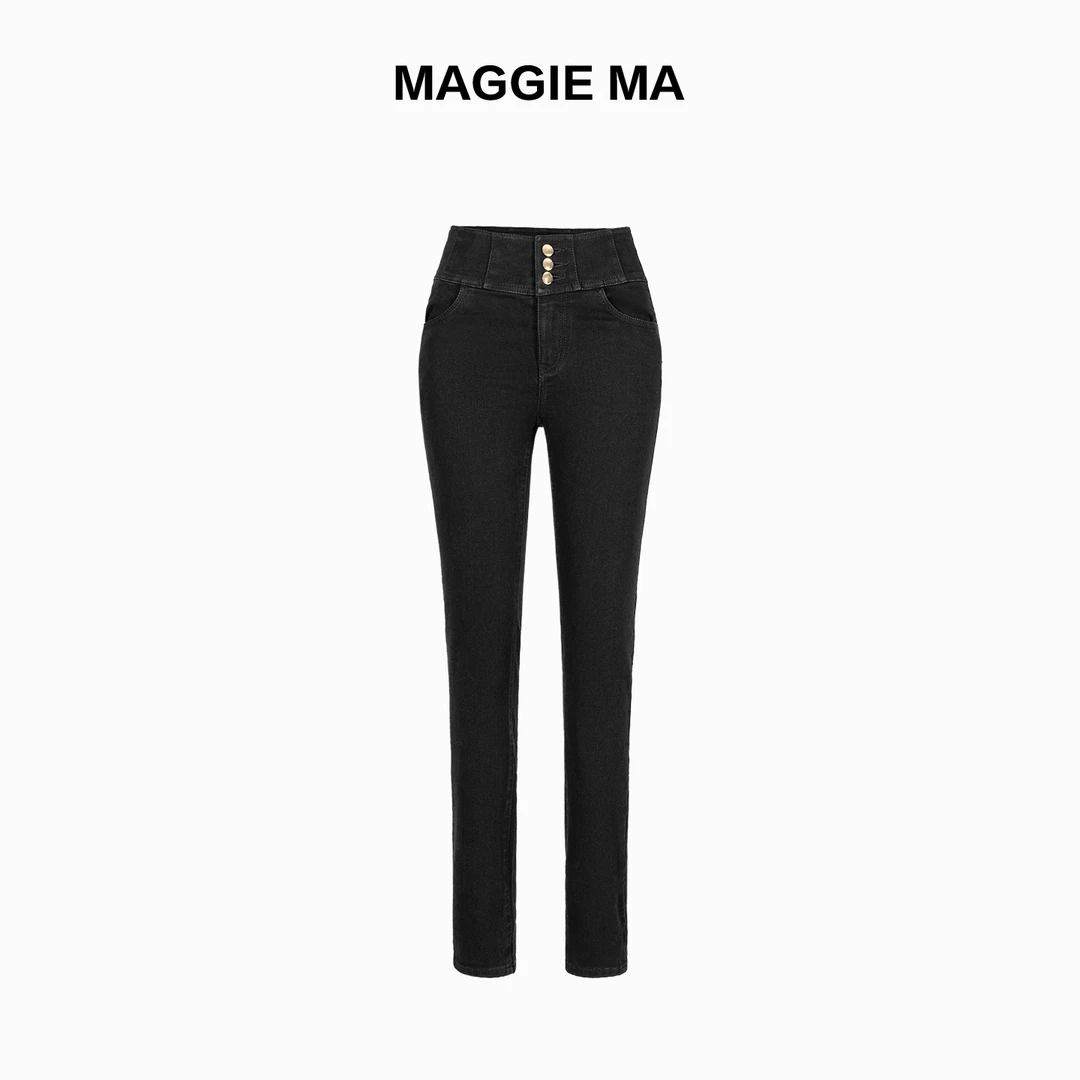 MAGGIE MA马婧设计师款黑色复古修身通勤牛仔裤560P
