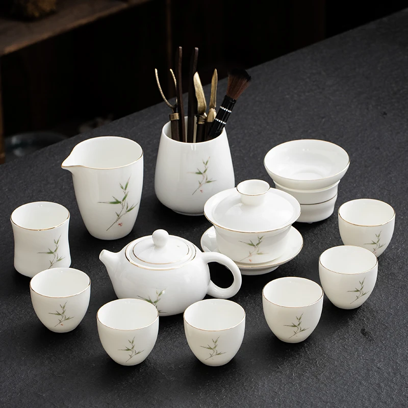 晟翔陶瓷茶具羊脂玉瓷浅竹12头加六君子