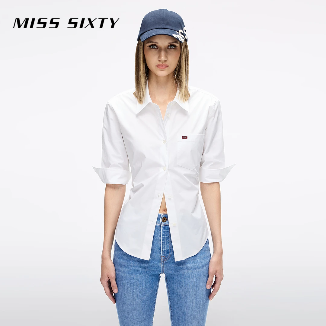 Miss Sixty2025秋季新款棉质衬衫女翻领刺绣系带收腰设计显瘦上衣
