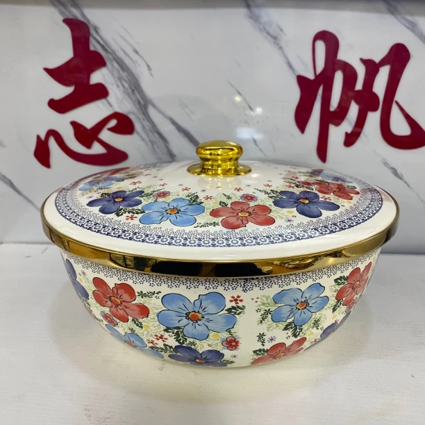 29厘米直径珐琅搪瓷精品面盆复古带盖高档复古特大储物创意金边