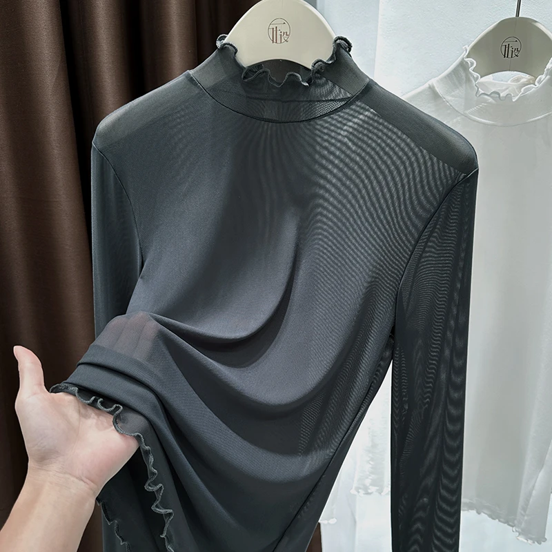 灰色薄款网纱透气上衣女秋季爆款木耳边半高领长袖T恤洋气打底衫