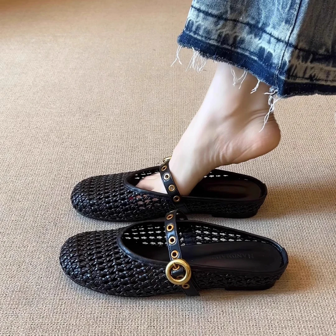 羊皮版~镂空舒适女凉拖鞋夏季外穿渔网编织懒人包头半拖平底女款