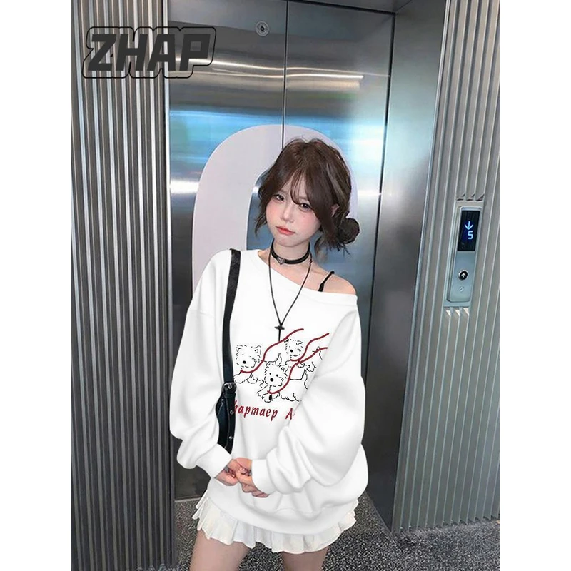 【ZHAP】斜领露肩时尚新款红线狗狗圆领卫衣女秋季爆款遮肉穿搭外穿