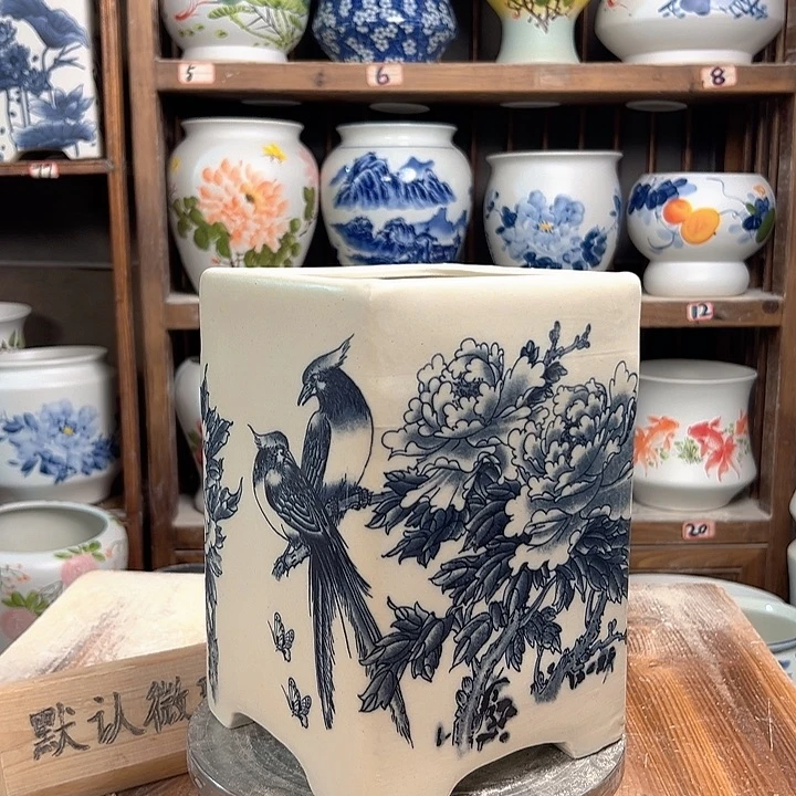 陶四方盆复古牡丹陶瓷