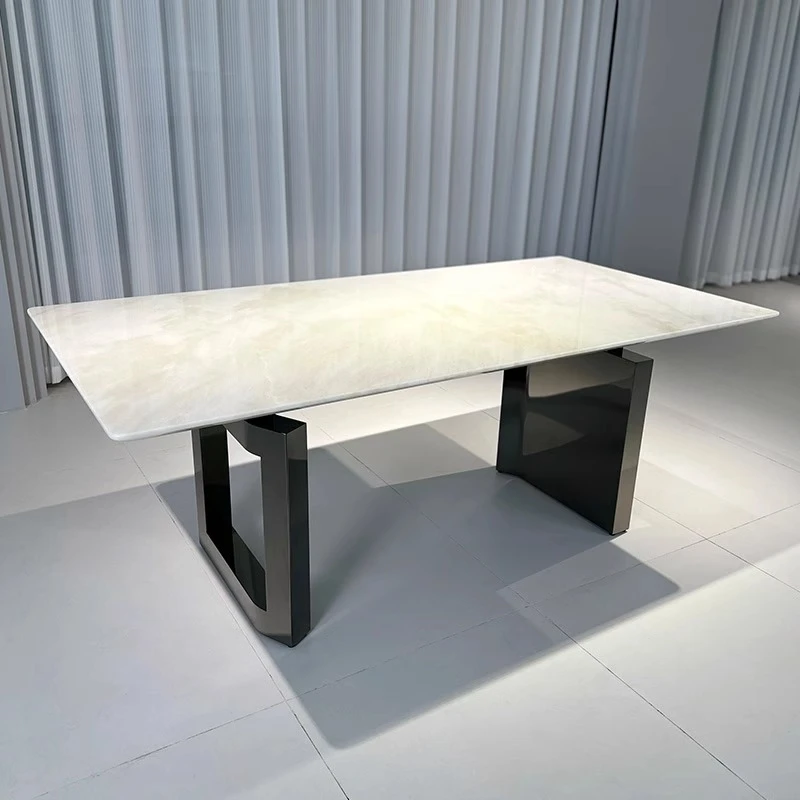 【米兰白玉】奢石餐桌样板间别墅意式轻奢天然大理石长方形饭桌椅子