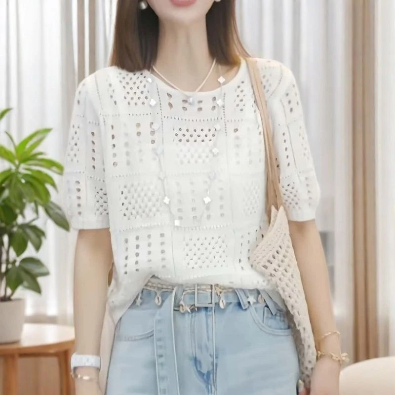 2025夏季镂空针织衫T恤女新款小香风气质薄款重工设计网眼上衣