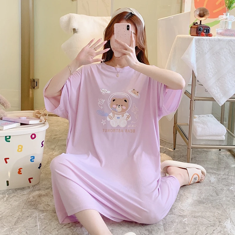 【橙子家】冰丝罗纹睡衣女2025夏季甜美卡通中长睡裙加肥大码孕妇家