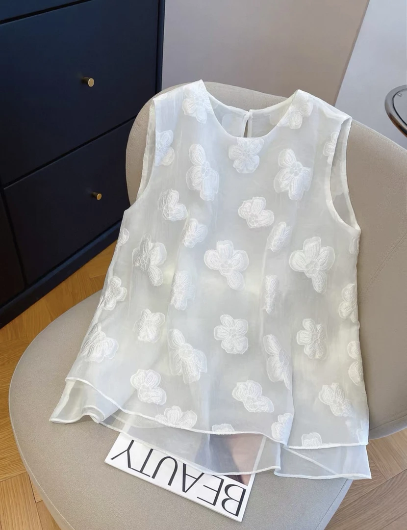 嘉嘉推荐#86366【花朵刺绣上衣】高级感无袖衬衫