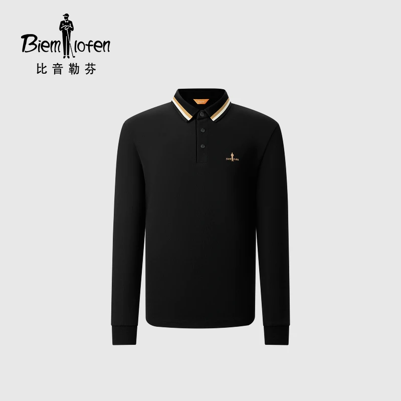 【弹力抗皱】比音勒芬春秋新款休闲撞色条纹翻领长袖polo衫男
