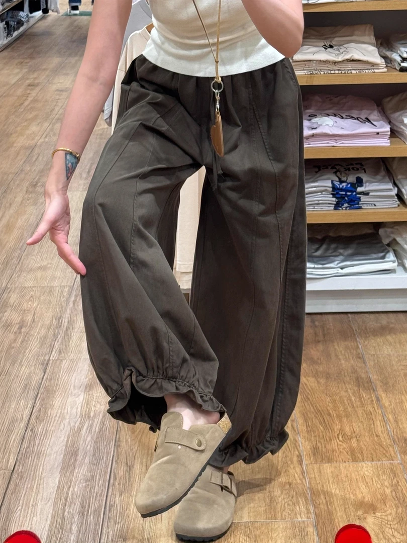 咖色工装花苞灯笼裤女秋季新款胖妹妹mm高腰显瘦阔腿九分休闲裤子