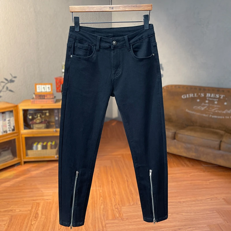 秋冬爆款设计感裤脚拉链黑色显瘦牛仔裤男弹力修身小脚裤时尚潮流