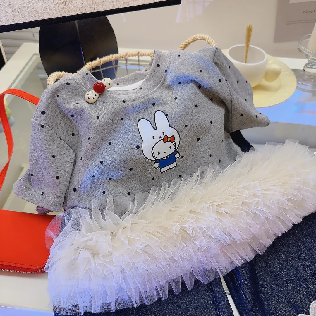 2025女童波点短袖T恤洋气打底网纱时尚凸凸裙