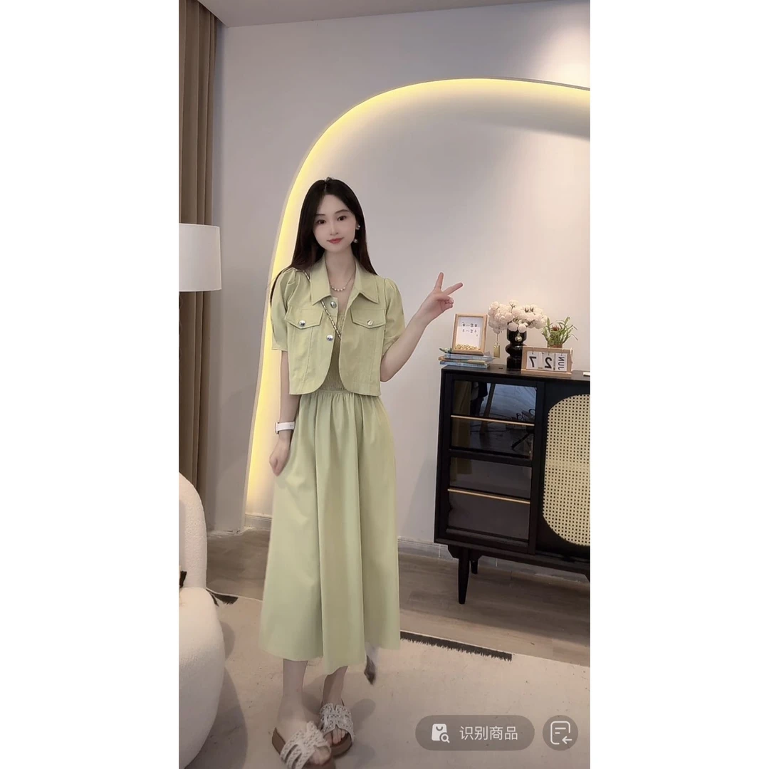 【密】【两件套】法式吊带连衣裙收腰显瘦遮肉短袖上衣外套套装D2464