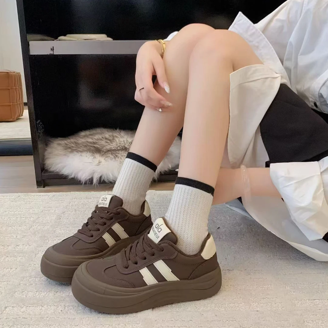 时尚百搭真皮复古加绒厚底低帮系带休闲板鞋冬季新款