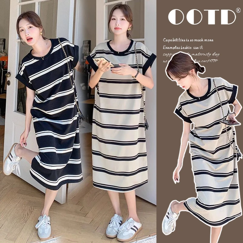 孕妇装夏装2025年夏季新款条纹袖口卷边侧开叉休闲中长款连衣裙