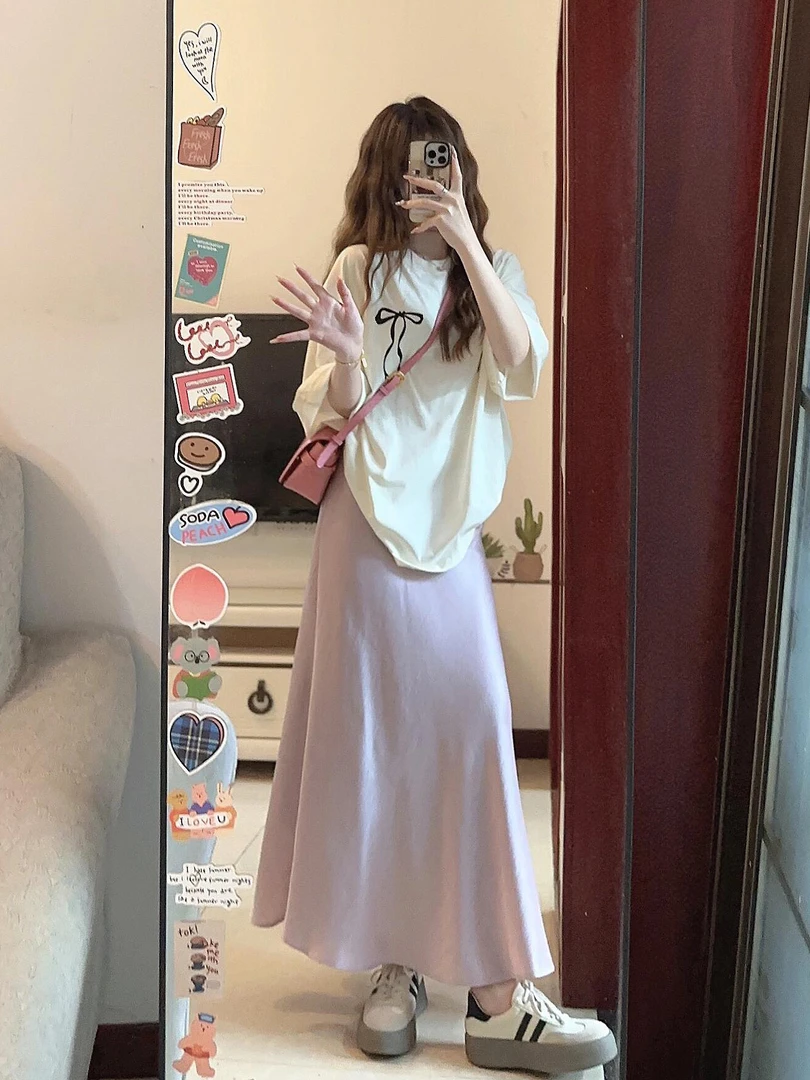 夏季五一出游新款可爱印花宽松圆领百搭短袖高腰半身裙两件套装女