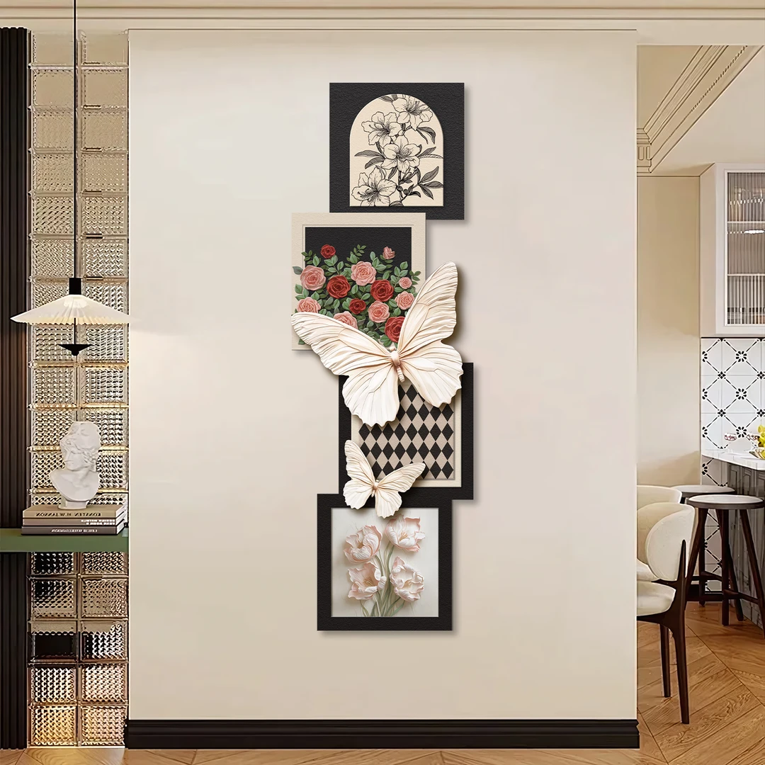 蝴蝶玫瑰中古风玄关装饰画入户正对门过道走廊精致雕刻高级感挂画
