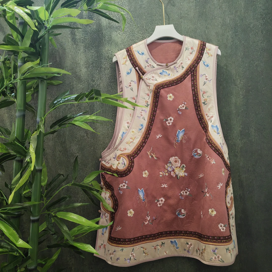 中式复古圆领斜襟香云纱提花重工刺绣马甲（微瑕）