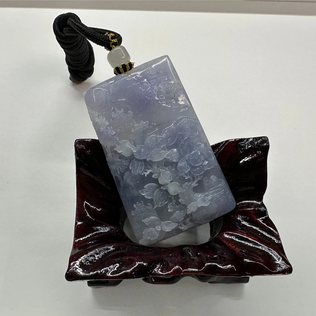 紫色山水牌糯冰种水精雕气质精美