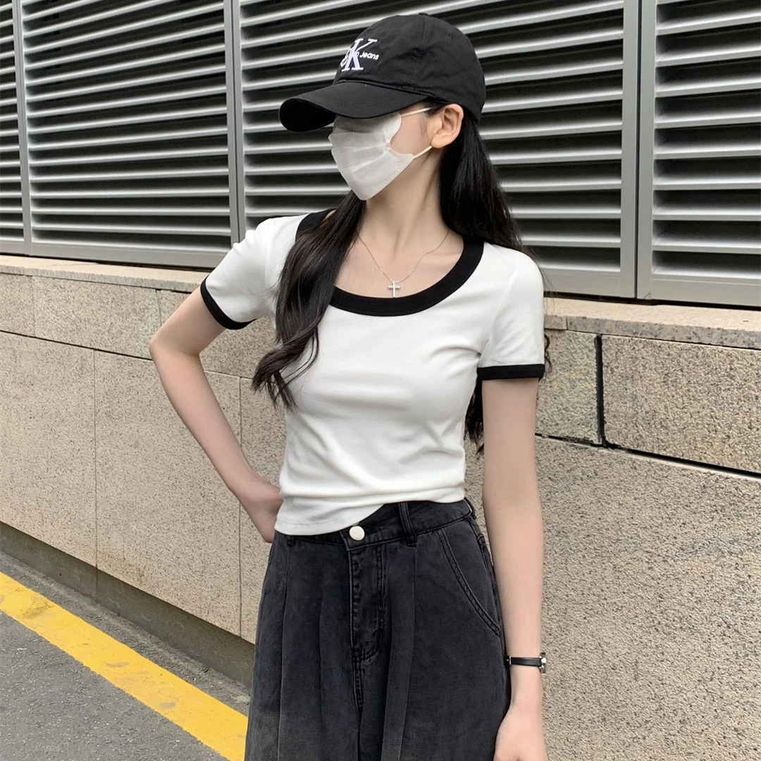 韩版圆领洋气撞色短袖t恤女夏季爆款2025年新款正肩修身显瘦上衣