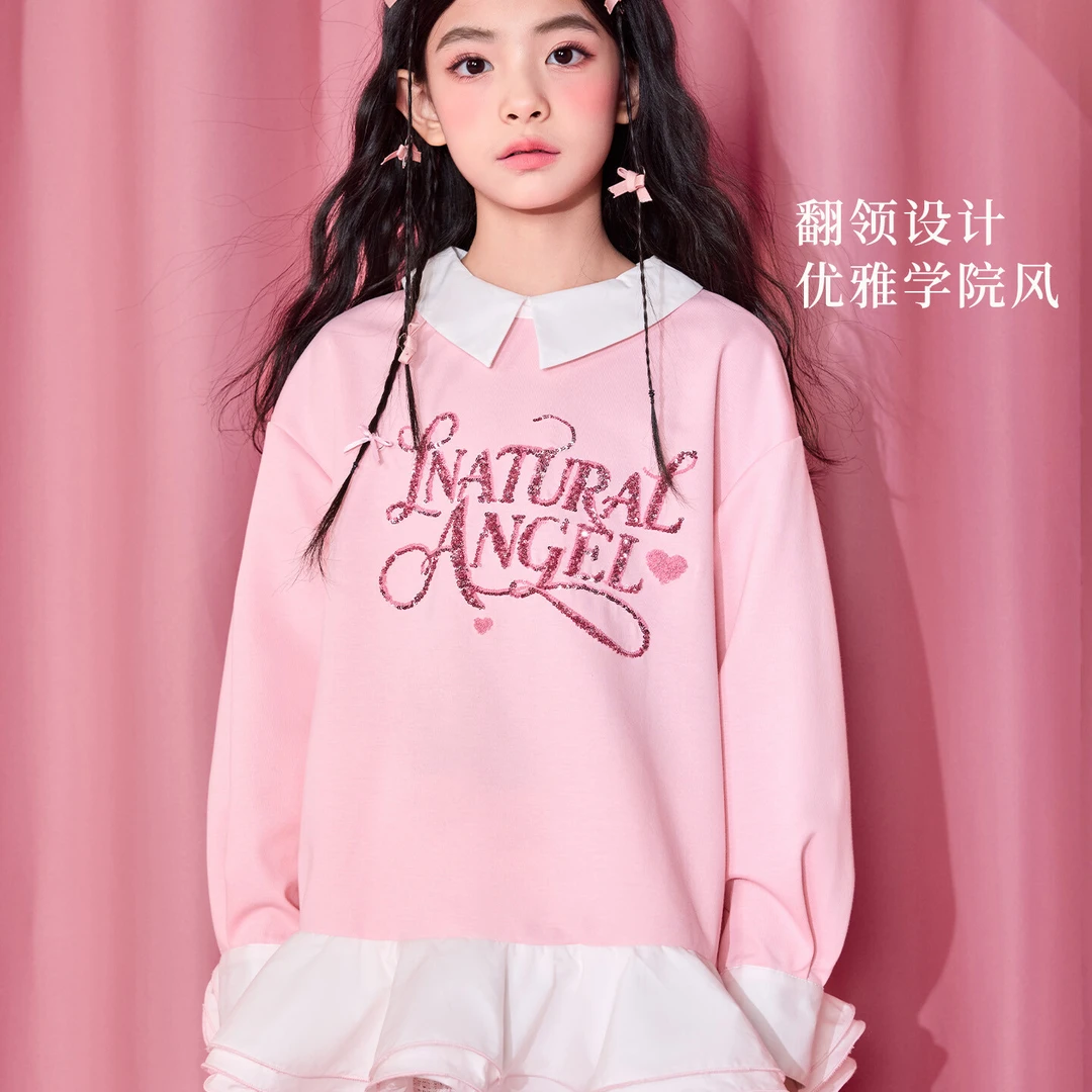 爱安玖芭比粉学院风女童卫衣2025春秋季宽松韩版女孩上衣AAJ1286