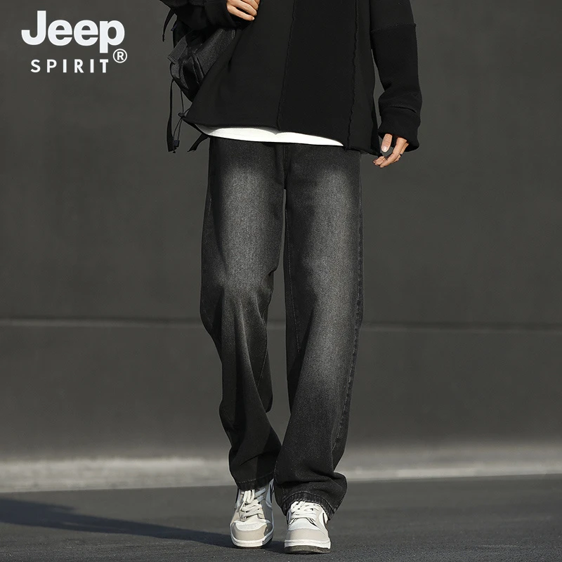 JEEPSPIRIT吉普港风做旧高街直筒牛仔裤男宽松休闲潮流休闲阔腿裤