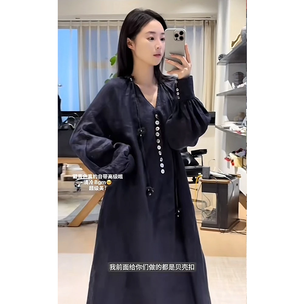 【张七七】春季新款女重工花饰贝壳手工流苏苎麻两件套连衣裙