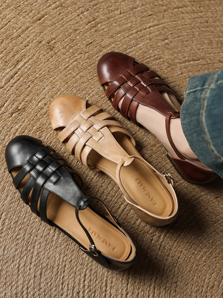 包头复古港风低帮植鞣皮时装凉鞋镂空民族风洞洞鞋复古妈妈鞋