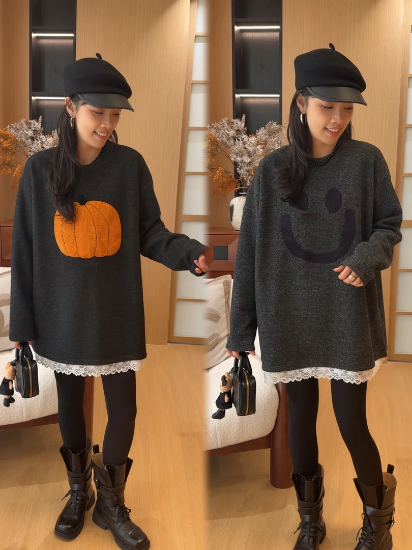 二姐的宝藏冬季新款时尚圆领厚款拼接蕾丝长袖加绒卫衣#25488