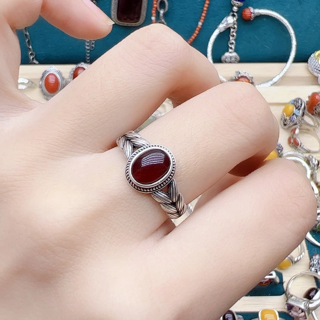 血珀戒指银S925镶嵌天然