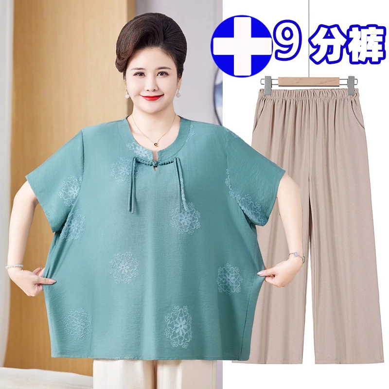 胖妈妈国风夏新款T恤中老年女装加肥加大新中式气质宽松洋气套装
