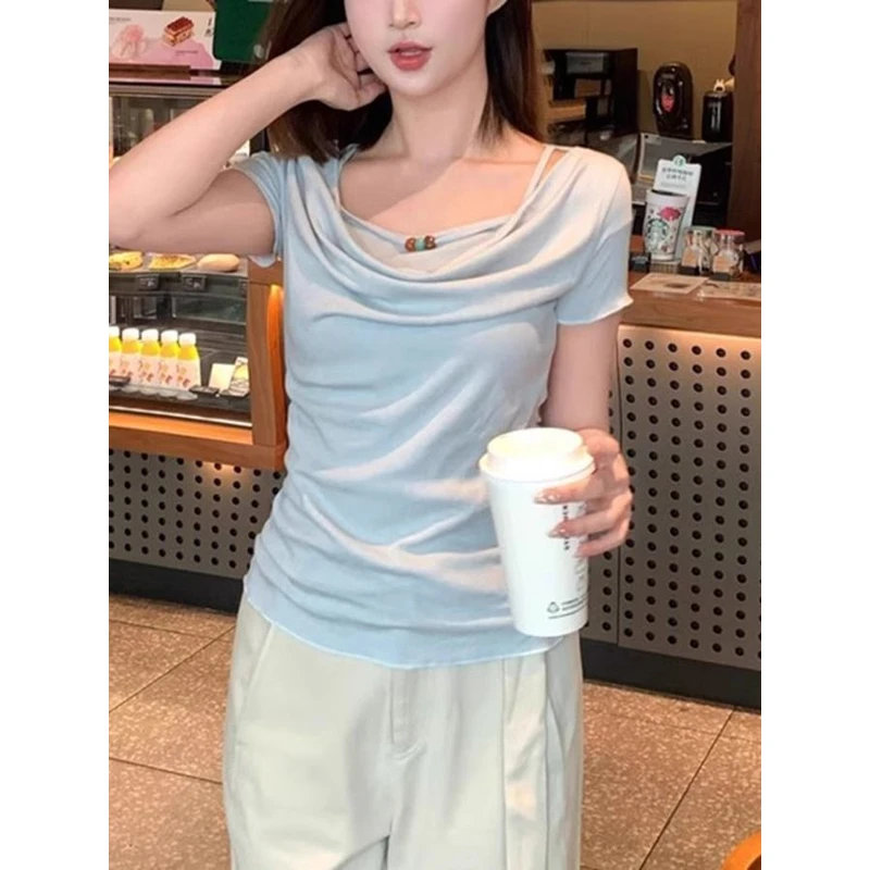 92棉纯欲风辣妹荡领小众辣妹短袖女2025夏季新款修身设计感上衣潮