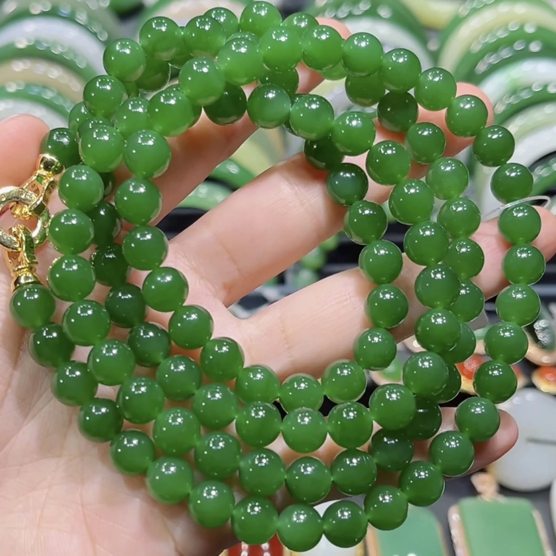 和田玉俄料碧玉老坑料辣阳绿项链多圈手串8mm