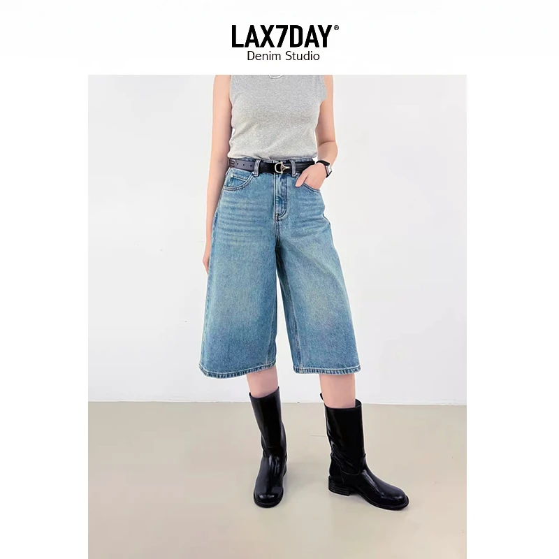 「美式高街」夏季新款高腰七分阔腿牛仔裤女宽松复古显瘦直筒中裤