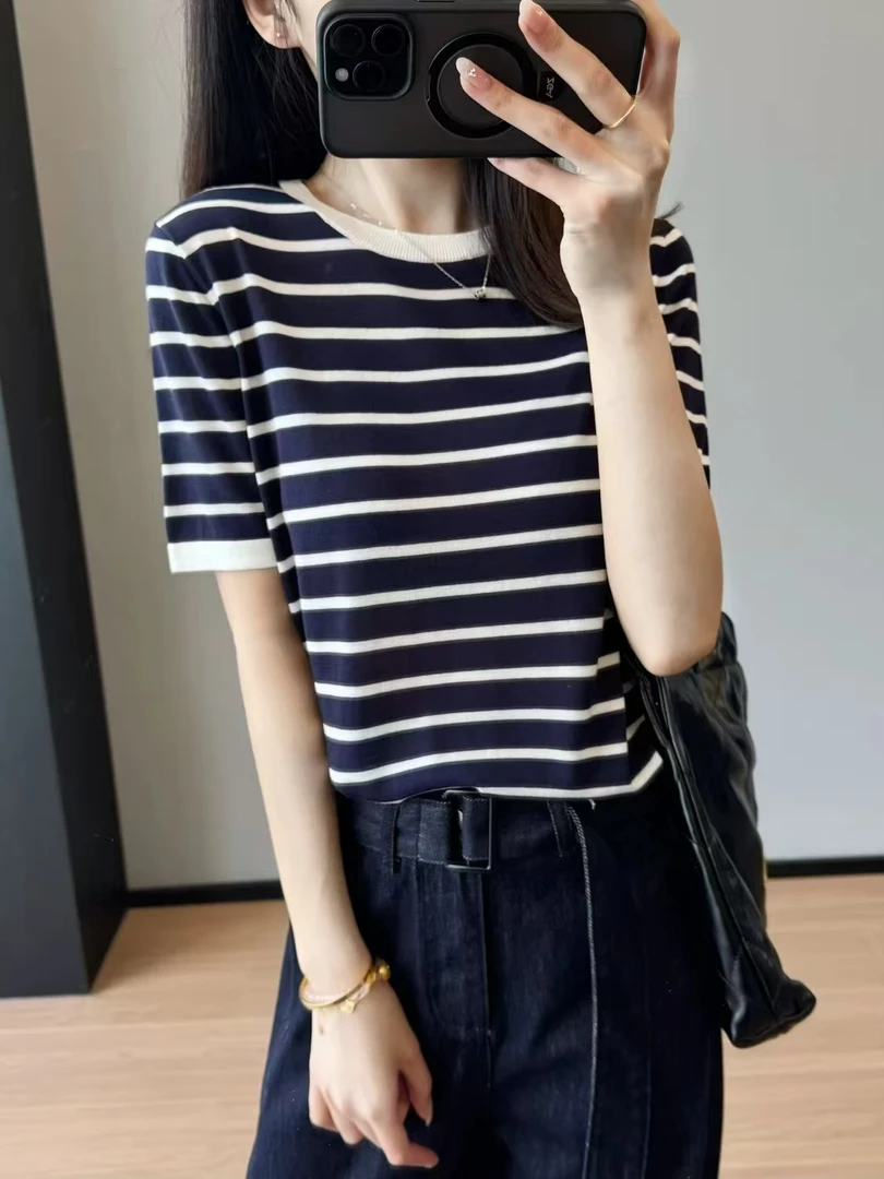 显瘦～薄如蝉翼轻如纱裸肤感天丝针织衫减龄百搭条纹时尚短袖上衣