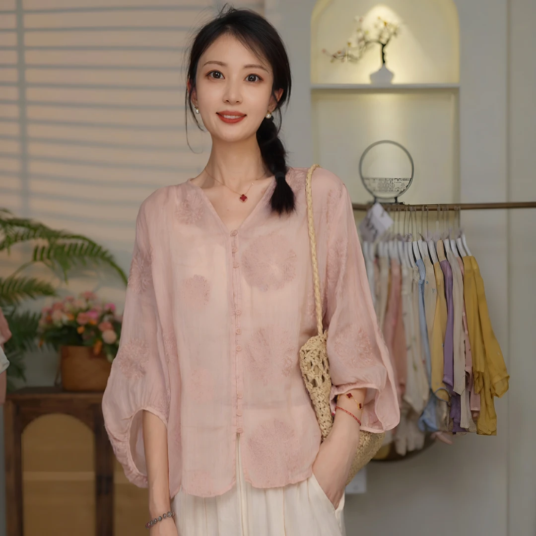 V领烟花刺绣苎麻上衣夏季新款女衬衫复古小衫