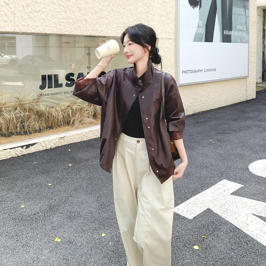咖色复古格纹拼接皮衣外套女2025春秋新款酷飒风洋气宽松短款夹克