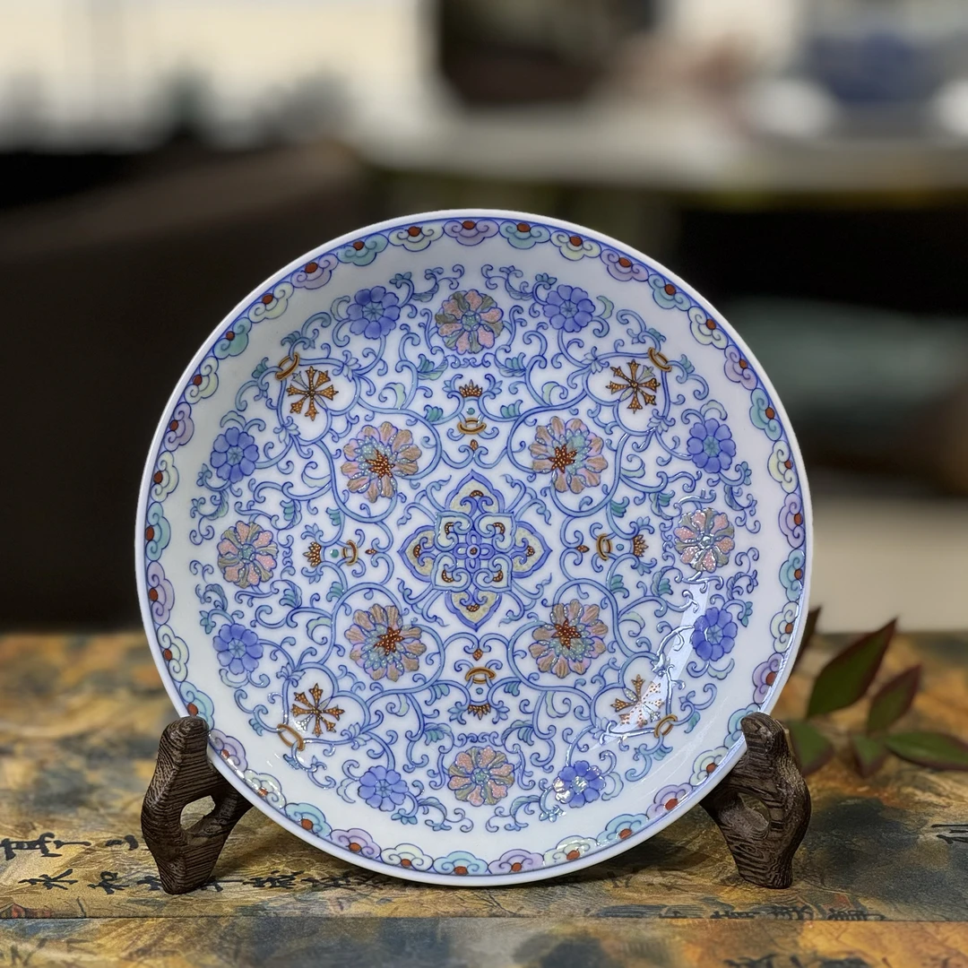 明逸堂重工手绘斗彩缠枝描金壶承手工【16cm*3cm】陶瓷茶道茶白瓷