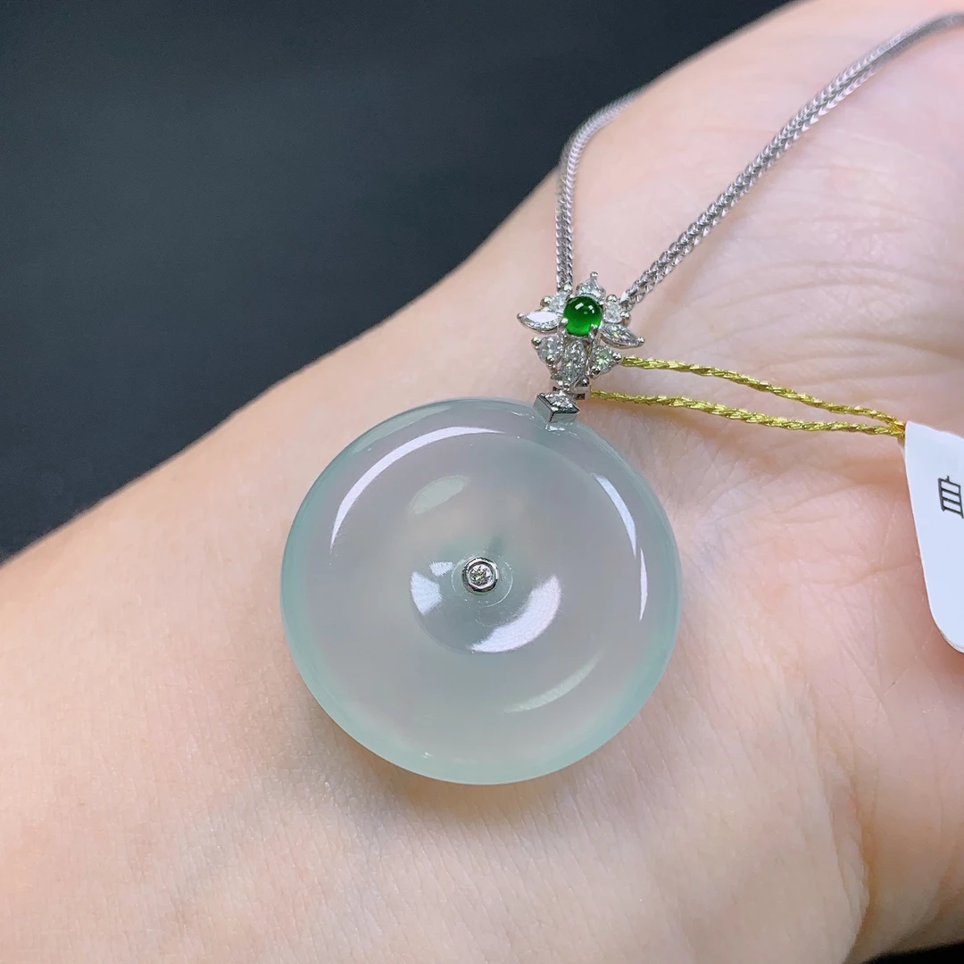天然缅甸A货翡翠冰种平安扣金镶吊坠女士高品质精品时尚玉石挂坠