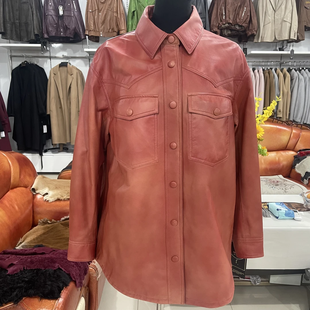 女士翻领绵短款宽松显瘦皮衣春秋时尚气质百搭真皮外套