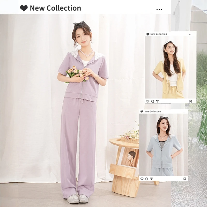 百搭显瘦亲肤软糯蕾丝连帽短袖套装FJ50328