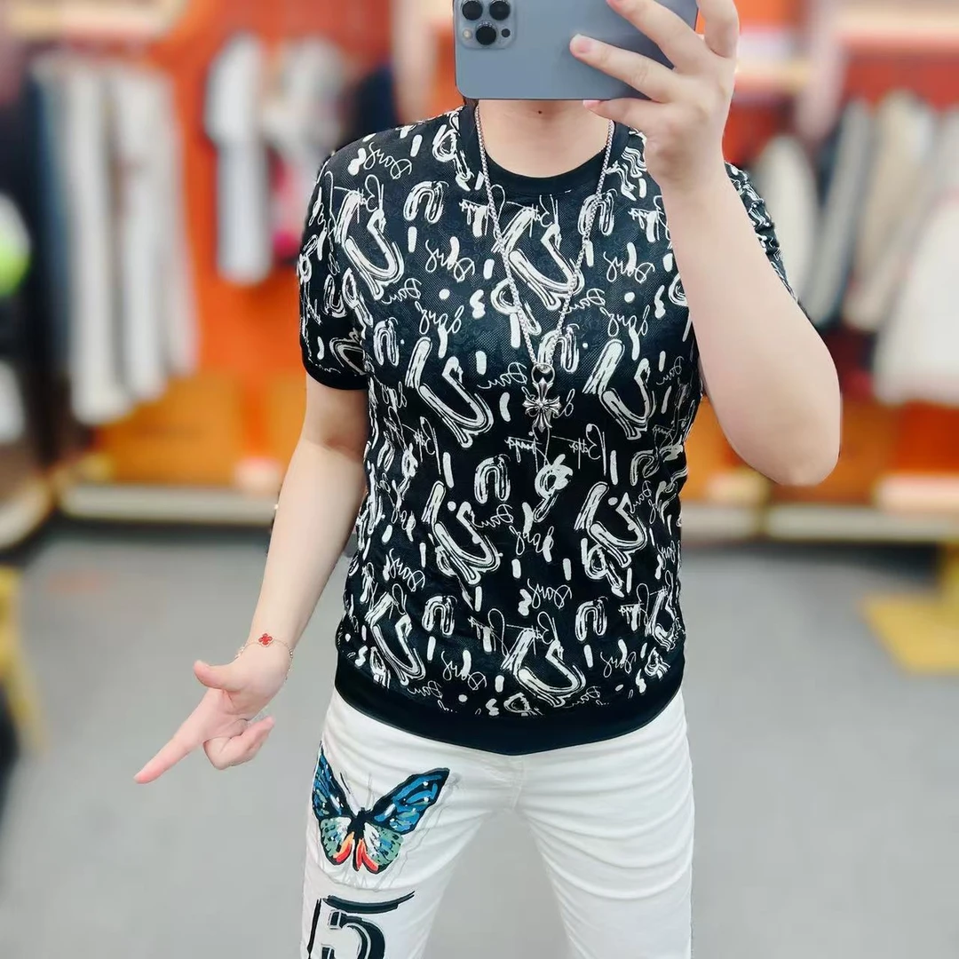 男士休闲时尚潮流百搭修身爆款印花冰丝圆领短袖T恤夏季半袖上衣