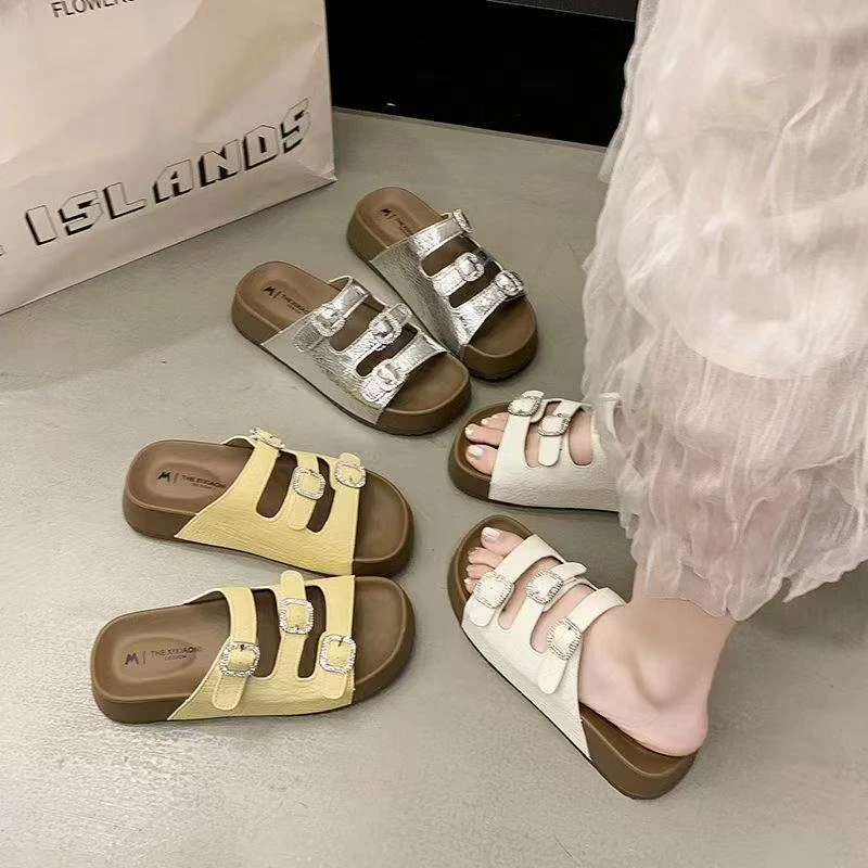 水钻方扣博肯拖鞋女2025夏季新款小个子厚底百搭休闲一字凉鞋