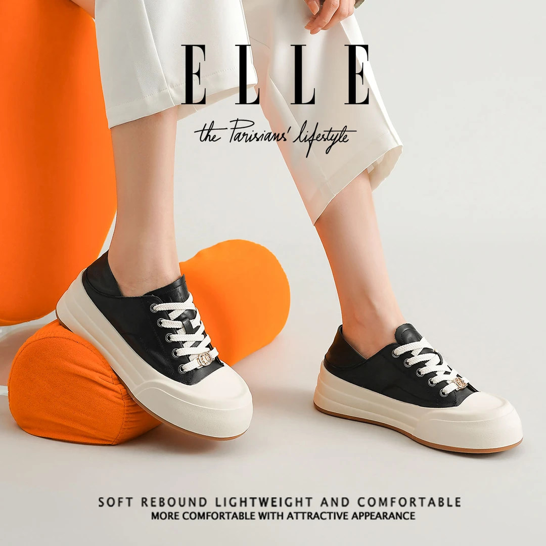 ELLE高级感两穿休闲饼干鞋脚踩懒人款板鞋真皮复古厚底防滑单鞋女