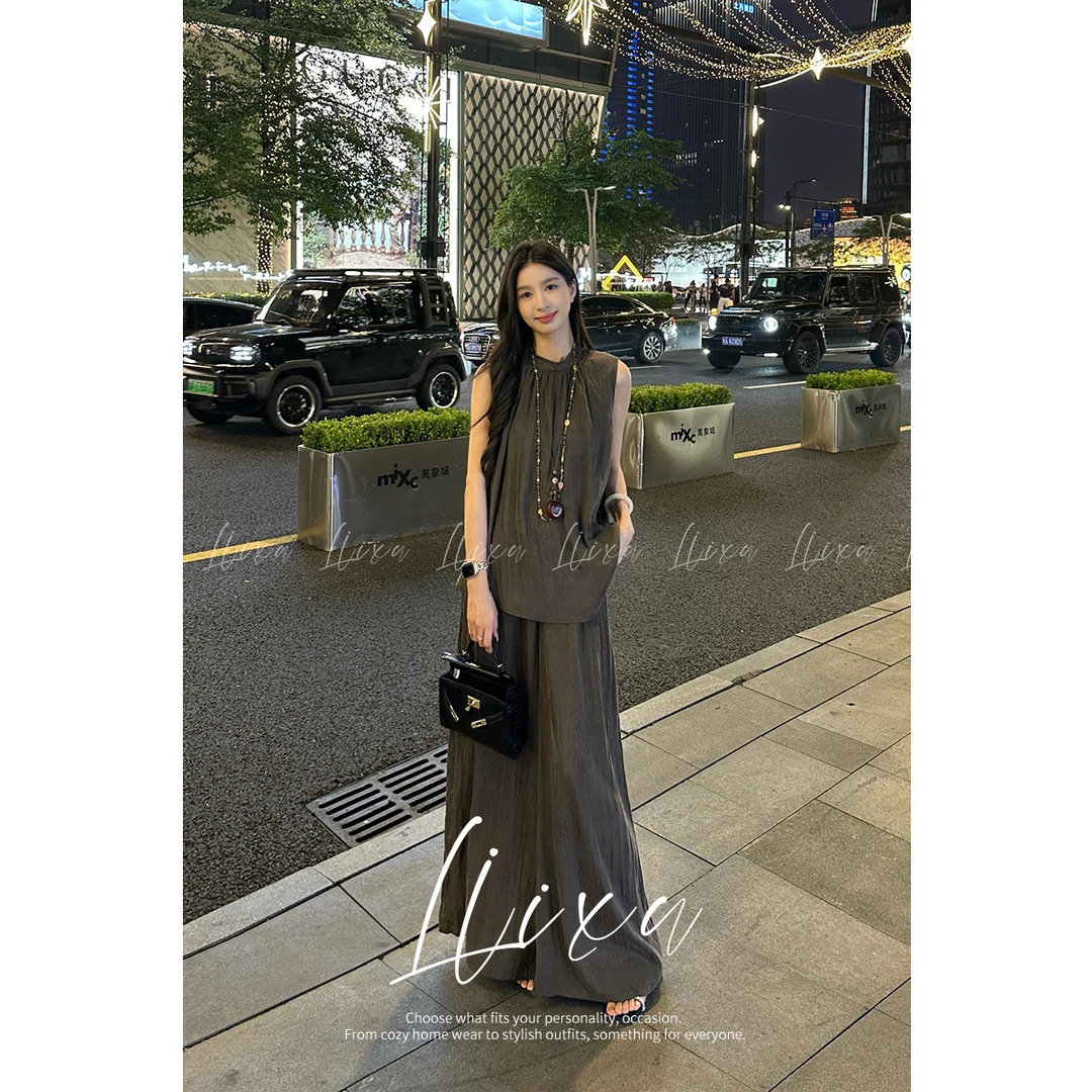 Liixu夏款慵懒风套装气质无袖上衣薄款休闲阔腿裤两件套L52TZ496