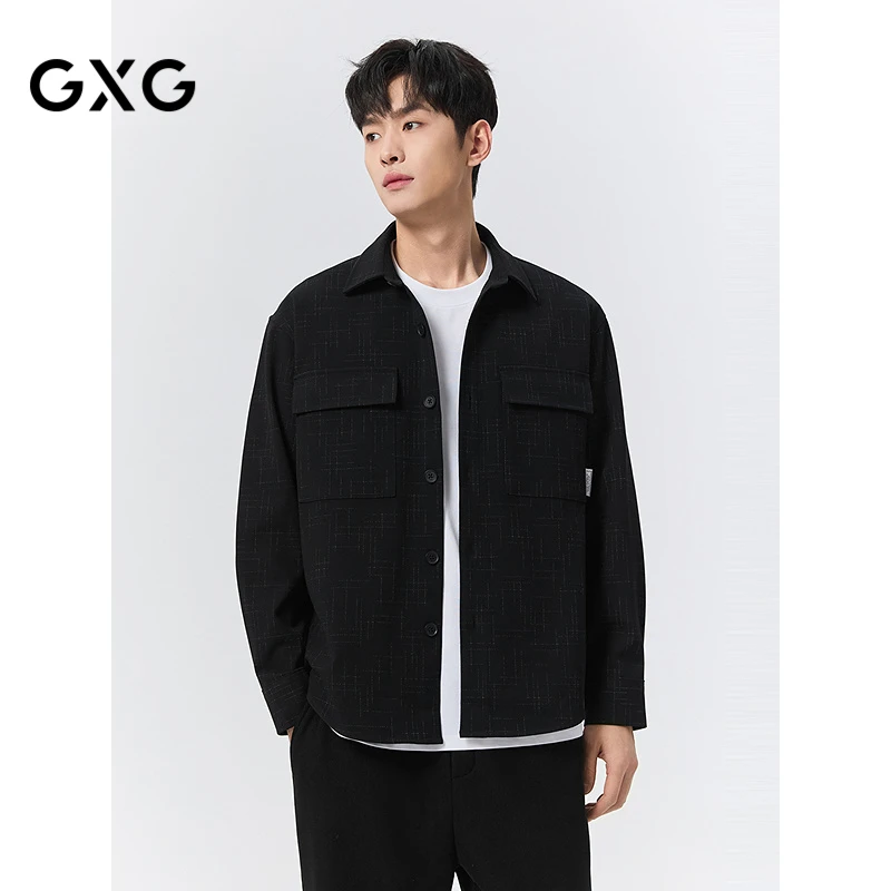 GXG男装 黑色格纹口袋翻领长袖衬衫式小香风 #G24D033010